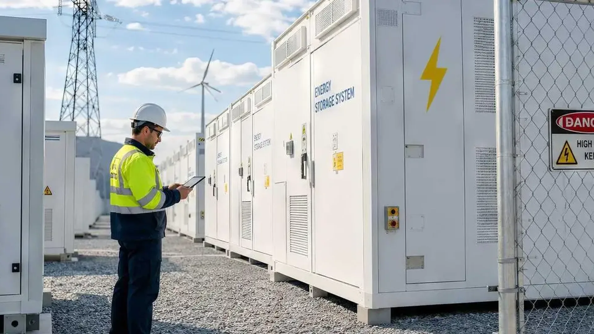 Tehnician cu cască verifică o tabletă între containere albe pentru stocarea energiei, lângă un gard cu avertisment de înaltă tensiune.