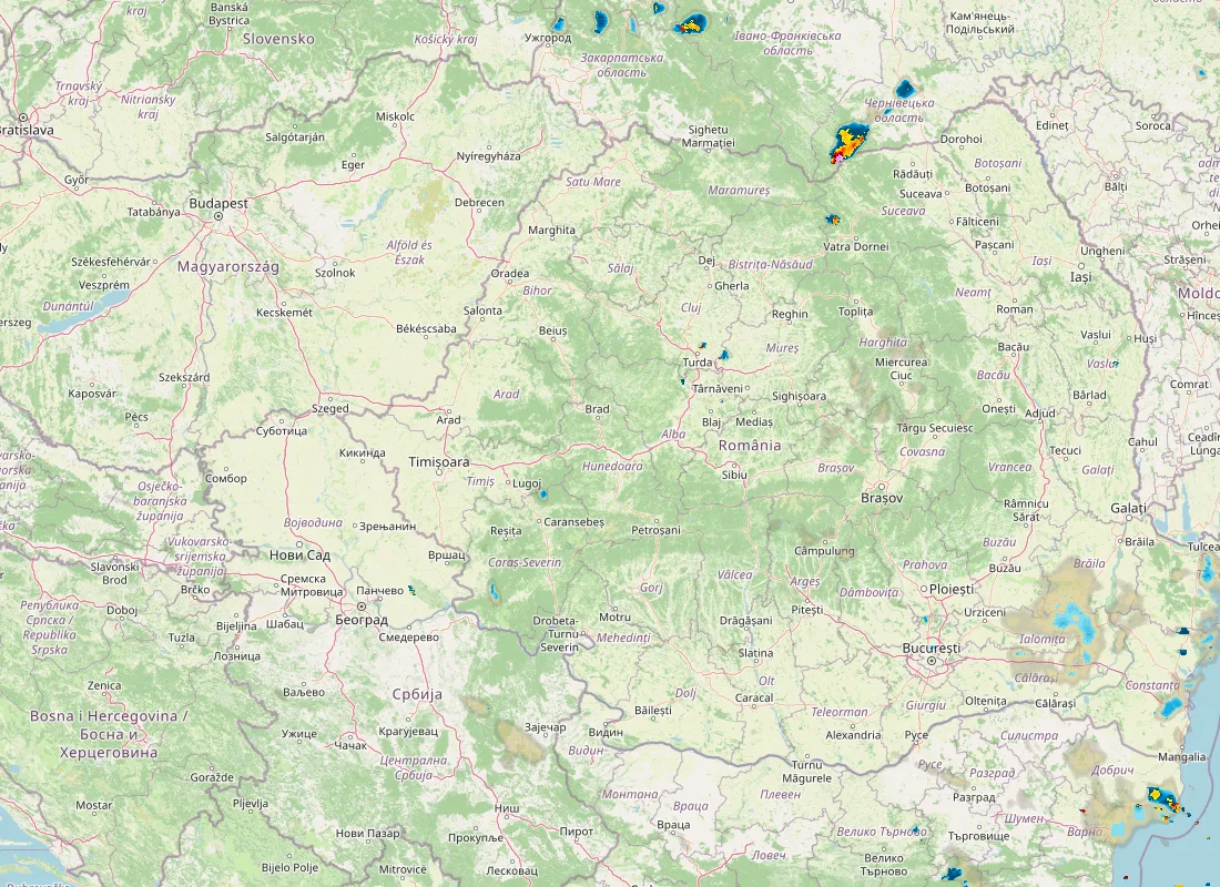 Hartă radar RainViewer cu precipitațiile din România pentru buletinul Meteo agricol România de la ora 21:00.