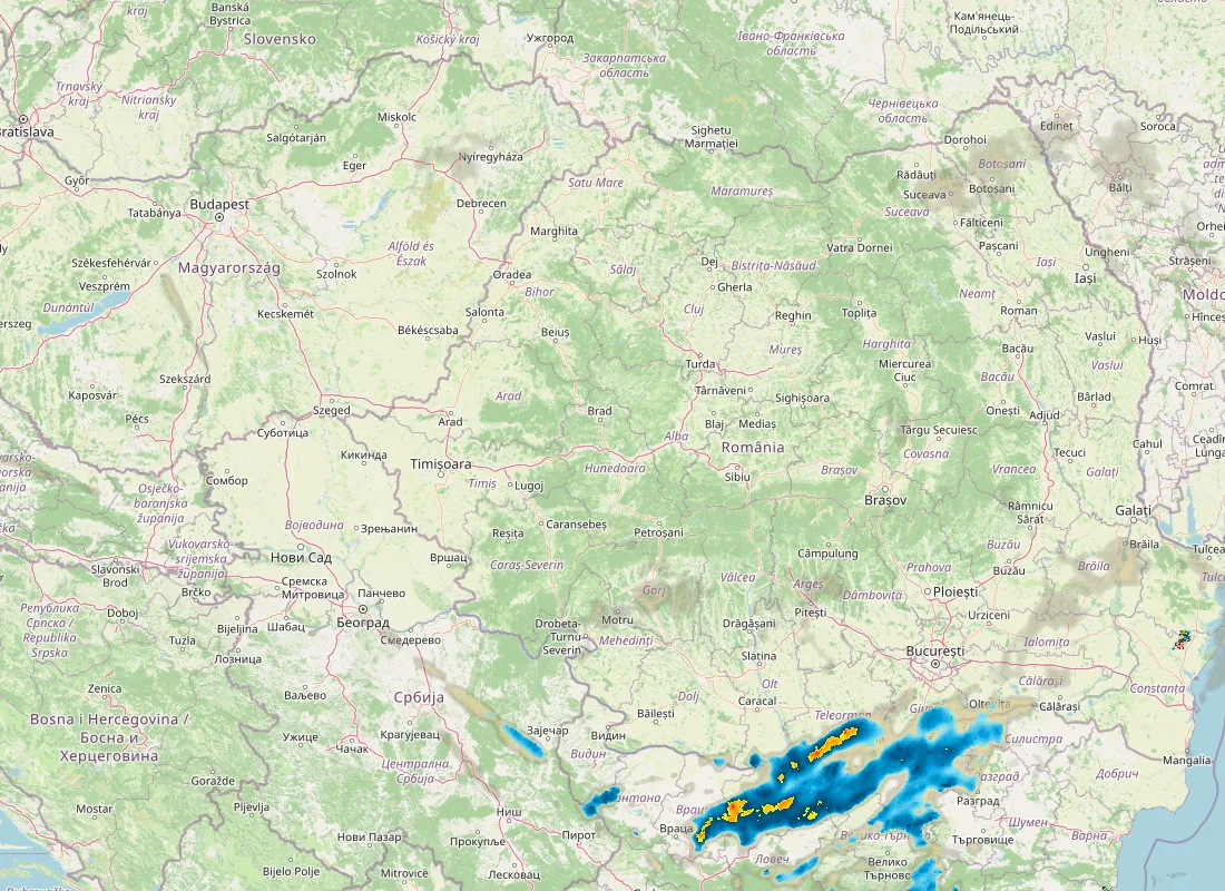 Hartă radar RainViewer cu precipitațiile din România pentru buletinul Meteo agricol România de la ora 21:00.