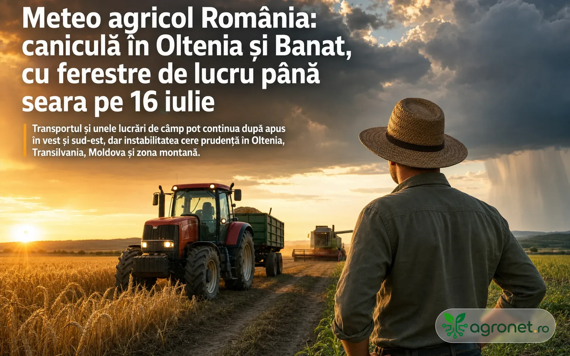 Meteo agricol România: caniculă în Oltenia și Banat, cu ferestre de lucru până seara pe 16 iulie