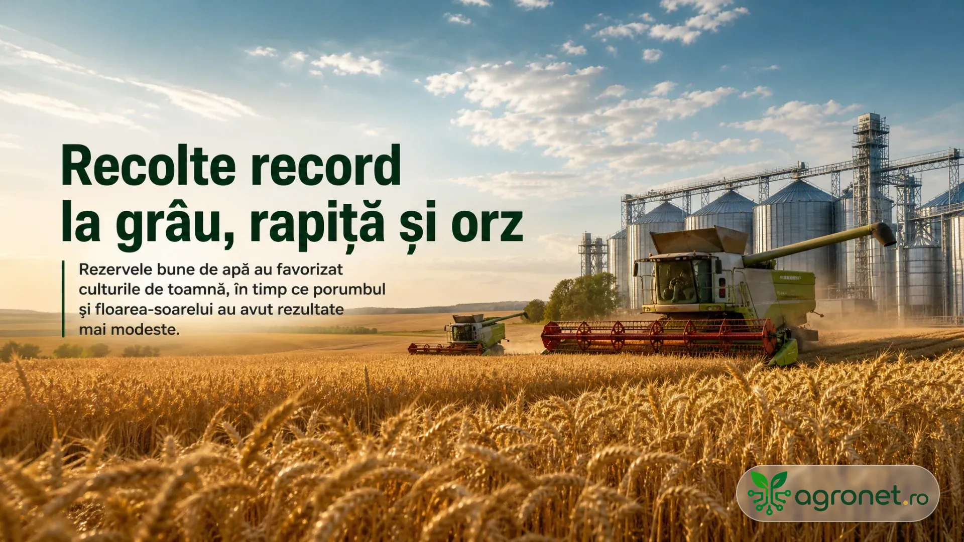 Combine agricole recoltează un lan de grâu, cu silozuri de cereale în fundal.
