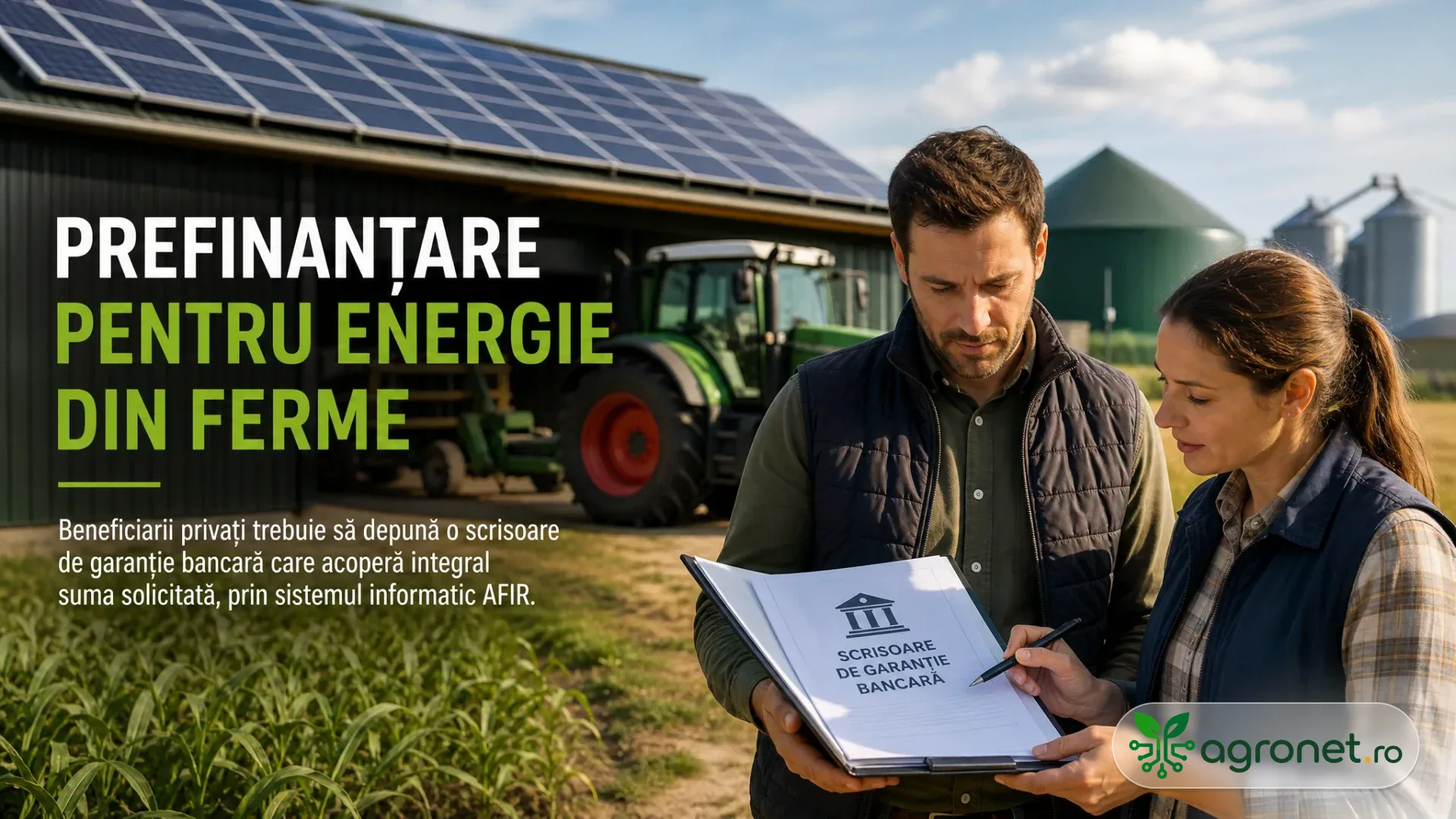 Doi oameni analizează un dosar într-o fermă cu panouri solare pe acoperiș, tractor și silozuri în fundal.