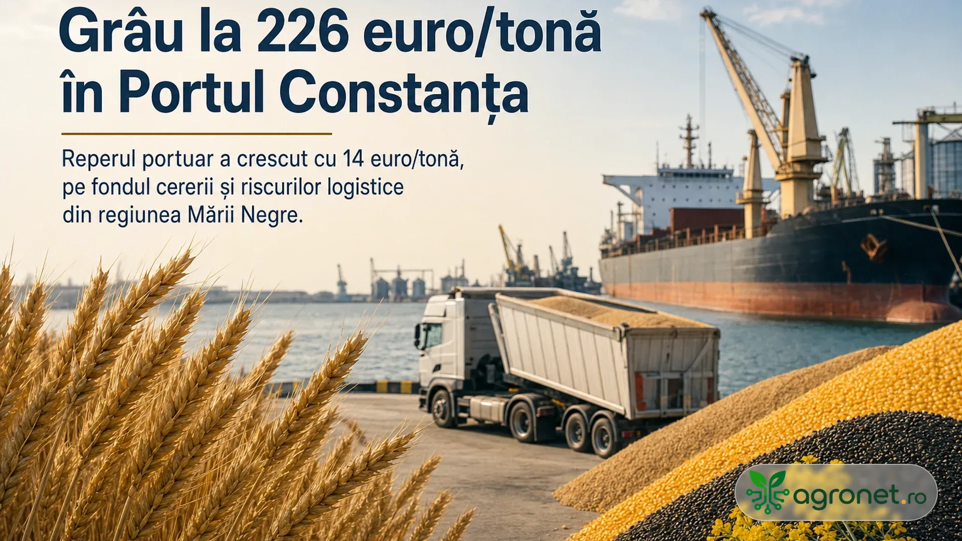Camion cu semiremorcă lângă o navă și macarale portuare, cu spice de grâu și grămezi de cereale în prim-plan.