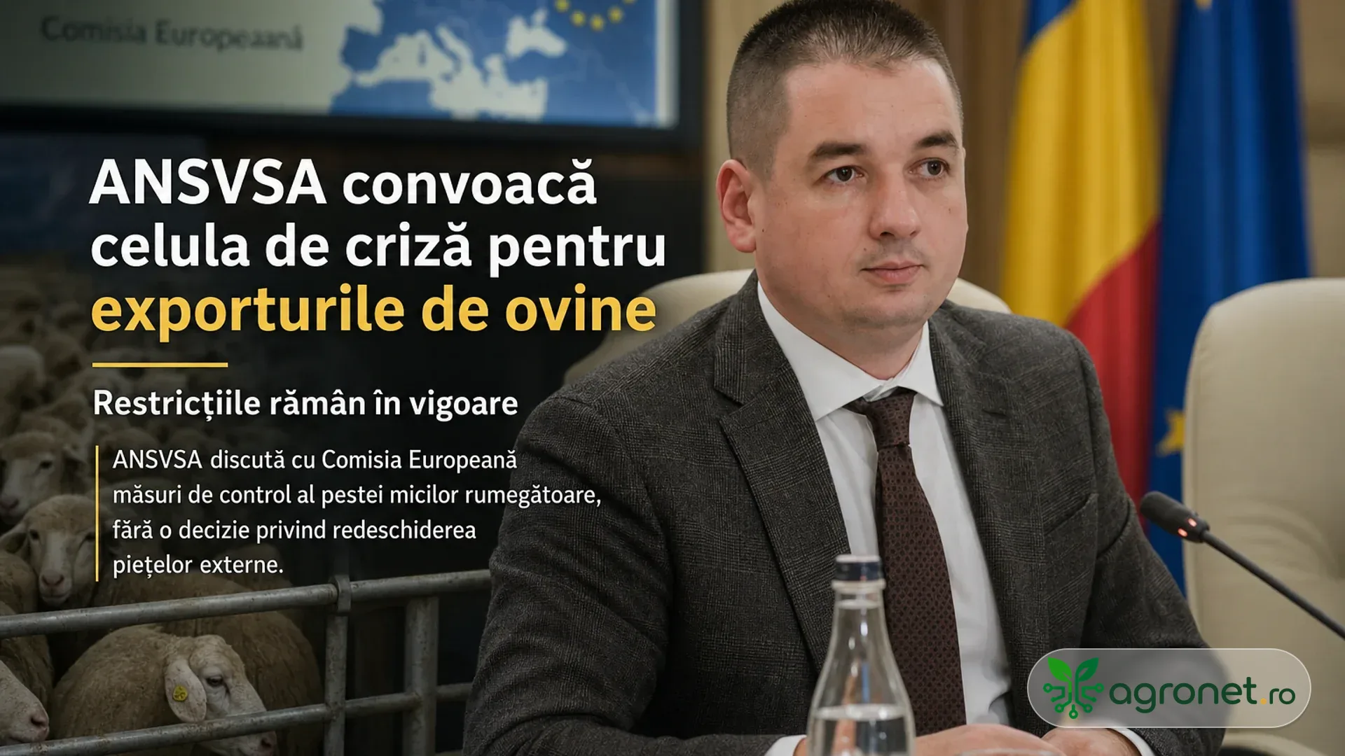 Oficial la o masă de ședință, cu steaguri în fundal și ovine într-un țarc într-o compoziție grafică.