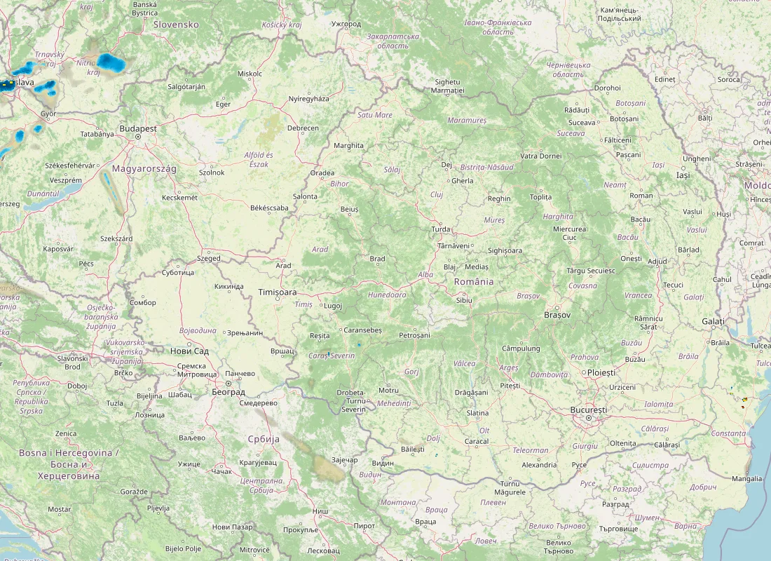 Hartă radar RainViewer cu precipitațiile din România pentru buletinul Meteo agricol România de la ora 21:00.