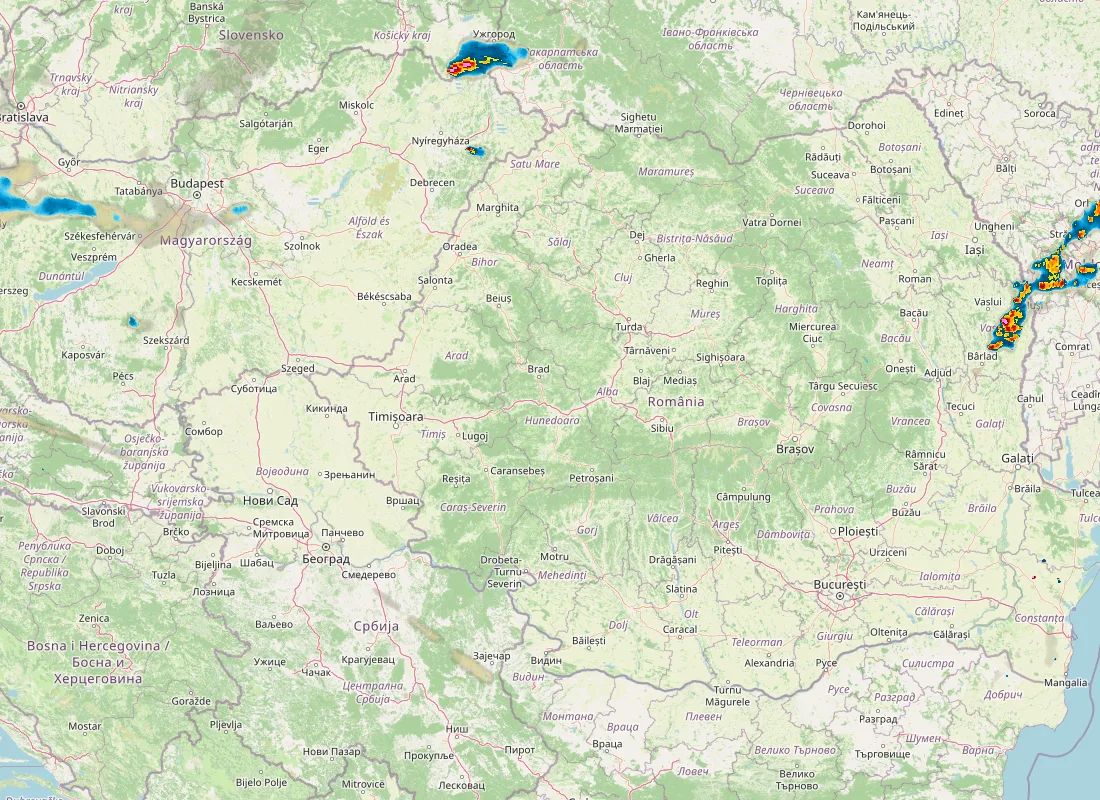 Hartă radar RainViewer cu precipitațiile din România pentru buletinul Meteo agricol România de la ora 18:00.