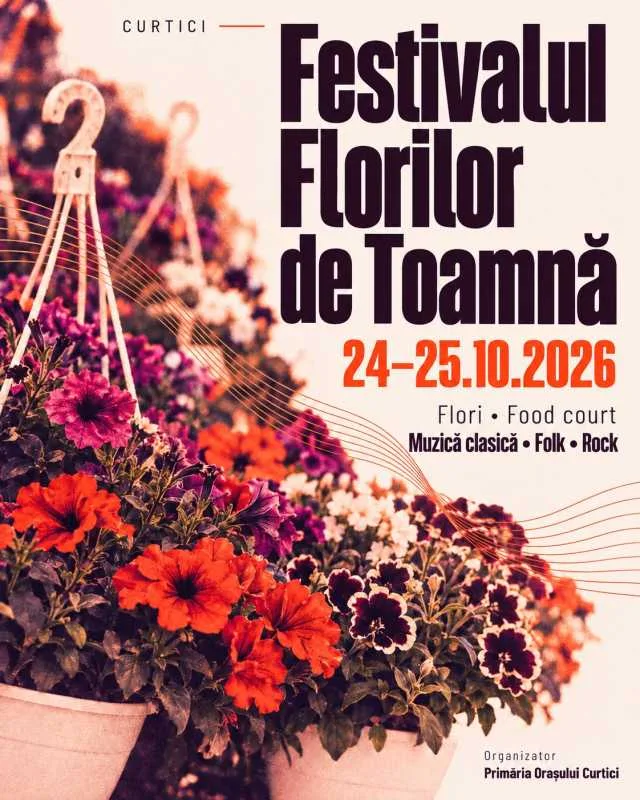 Afiș Festivalul Florilor de Toamnă 2026, cu ghivece de flori colorate