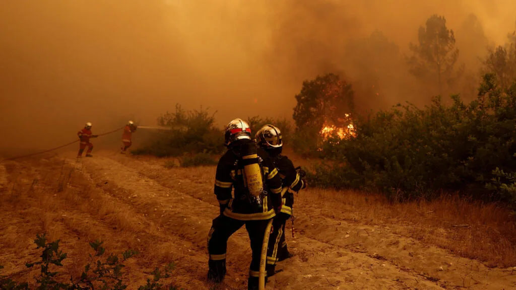 Pompieri intervin pe un drum forestier, lângă flăcări și fum dens