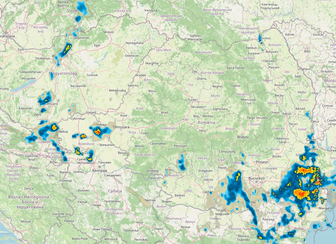 Hartă radar RainViewer cu precipitațiile din România pentru buletinul Meteo agricol România de la ora 12:00.