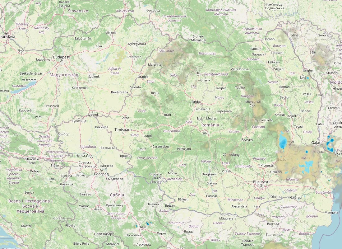 Hartă radar RainViewer cu precipitațiile din România pentru buletinul Meteo agricol România de la ora 05:00.