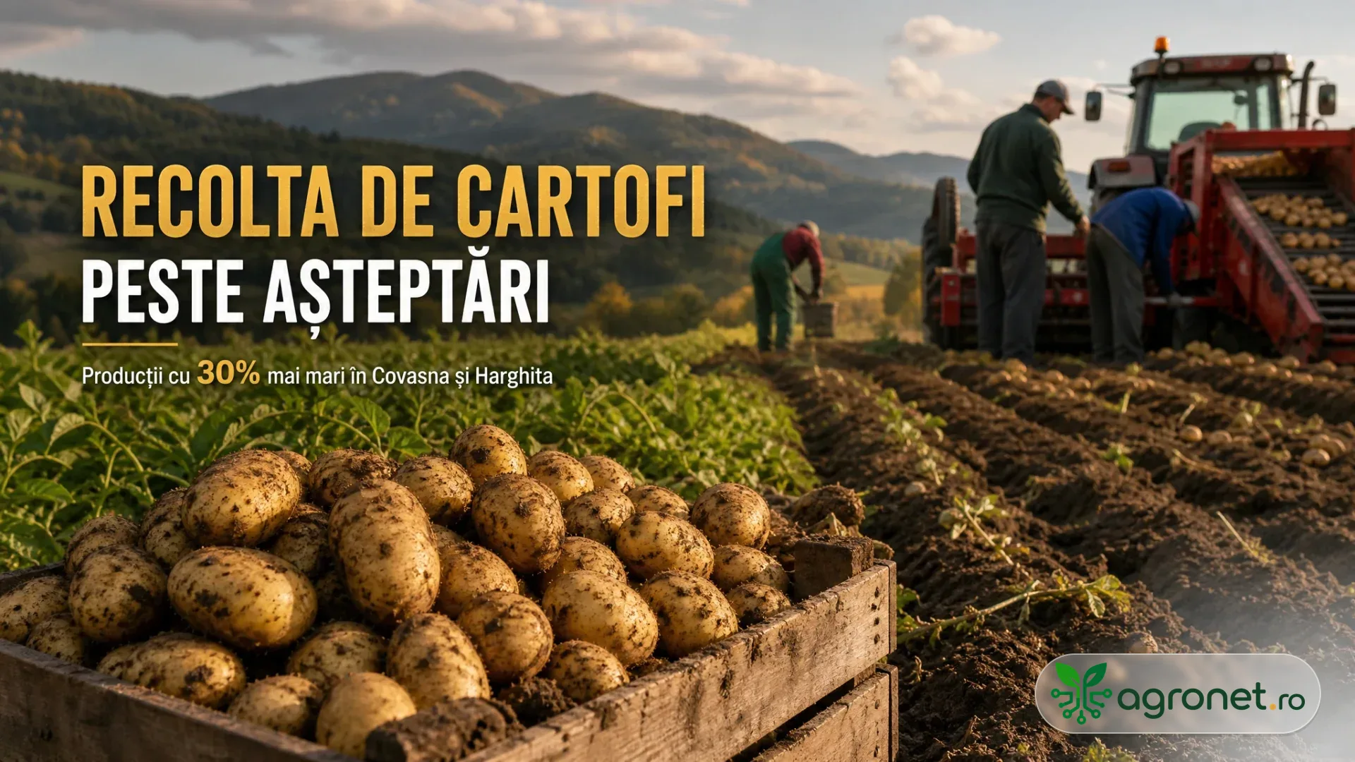 Lăzi cu cartofi proaspăt scoși din pământ, lucrători și utilaj agricol pe un câmp la poalele unor dealuri.