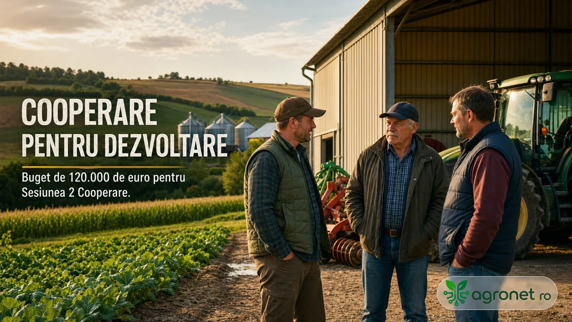Fermieri discutând lângă utilaje într-o gospodărie agricolă locală