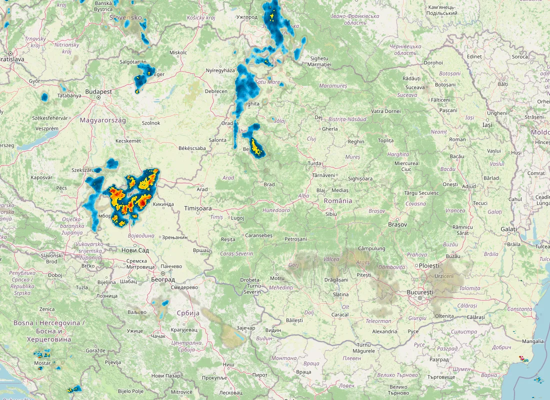 Hartă radar RainViewer cu precipitațiile din România pentru buletinul Meteo agricol România de la ora 21:00.