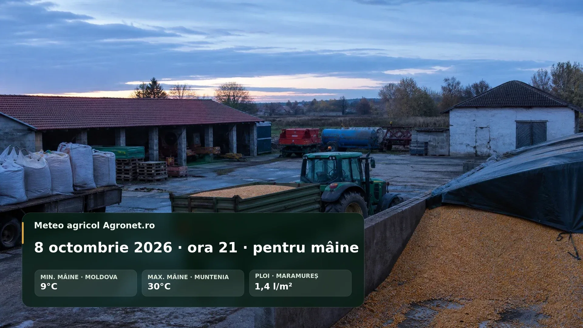 Utilaj agricol într-un câmp de toamnă, pregătit pentru lucrări pe vreme senină