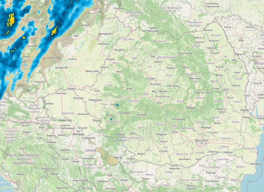 Hartă radar RainViewer cu precipitațiile din România pentru buletinul Meteo agricol România de la ora 21:00.