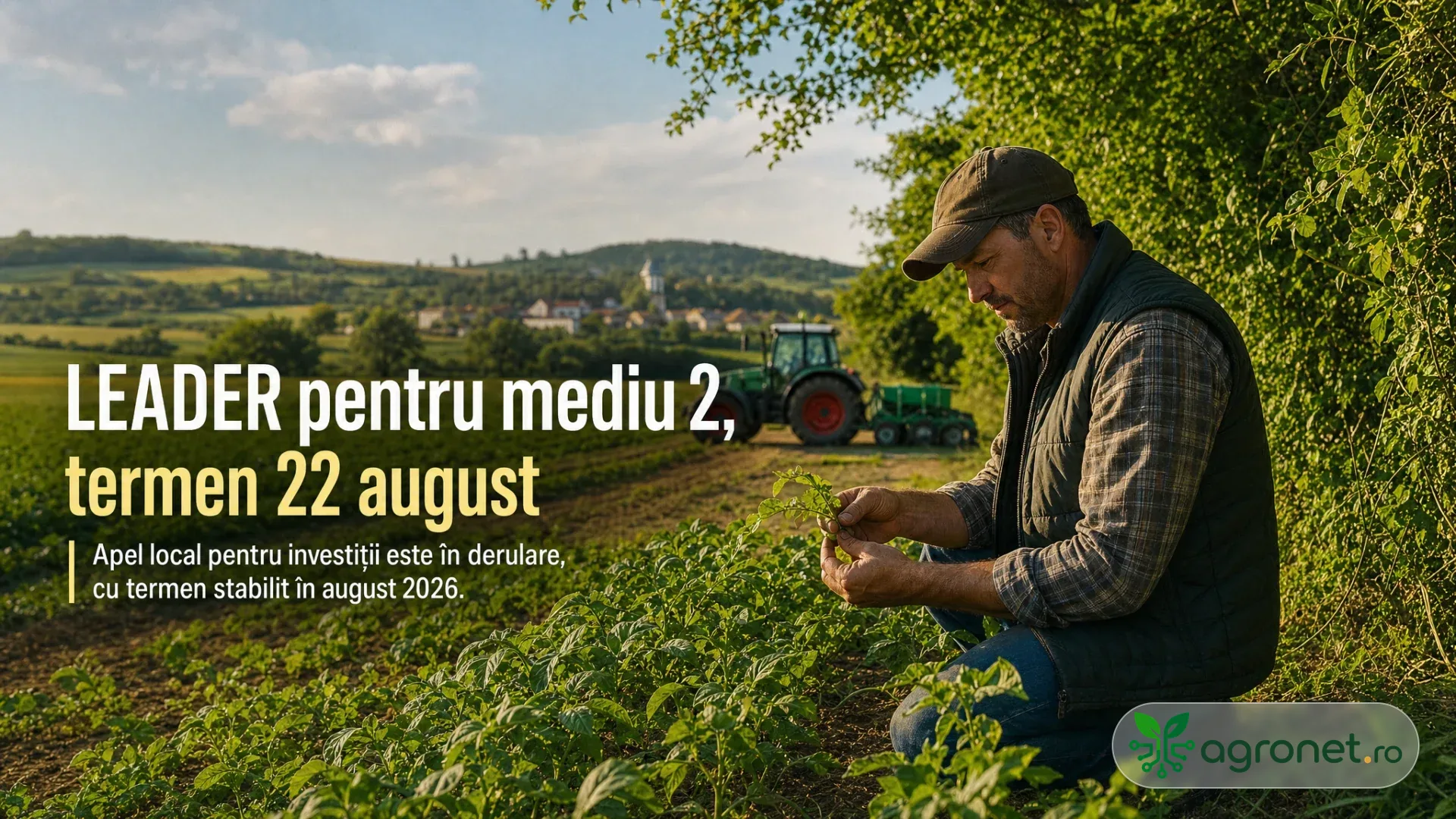 Fermier verificând o cultură aflată lângă o zonă verde rurală