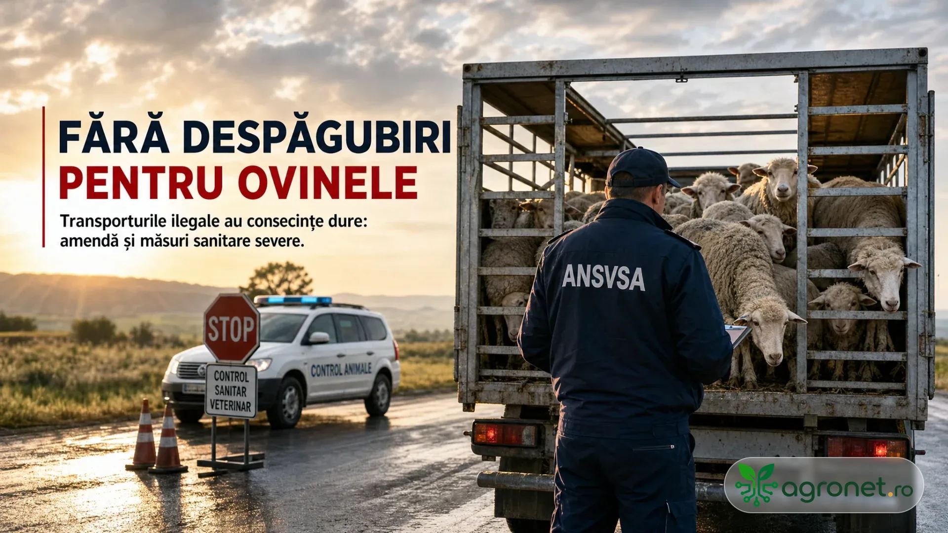 Inspector sanitar-veterinar lângă un camion cu oi, oprit la un control rutier.