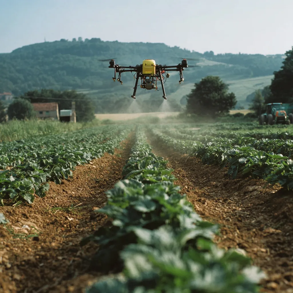 Dronă agricolă pulverizează tratament peste rânduri de culturi verzi