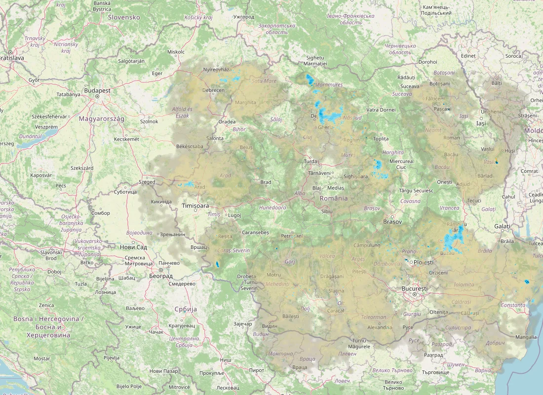 Hartă radar RainViewer cu precipitațiile din România pentru buletinul Meteo agricol România de la ora 05:00.