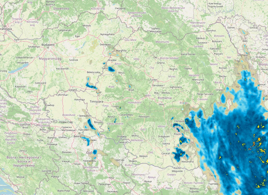 Hartă radar RainViewer cu precipitațiile din România pentru buletinul Meteo agricol România de la ora 12:00.
