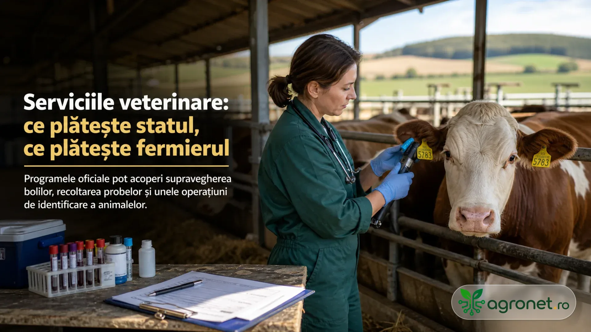 Medic veterinar examinează urechea unei bovine într-un adăpost, lângă probe și documente pe o masă.