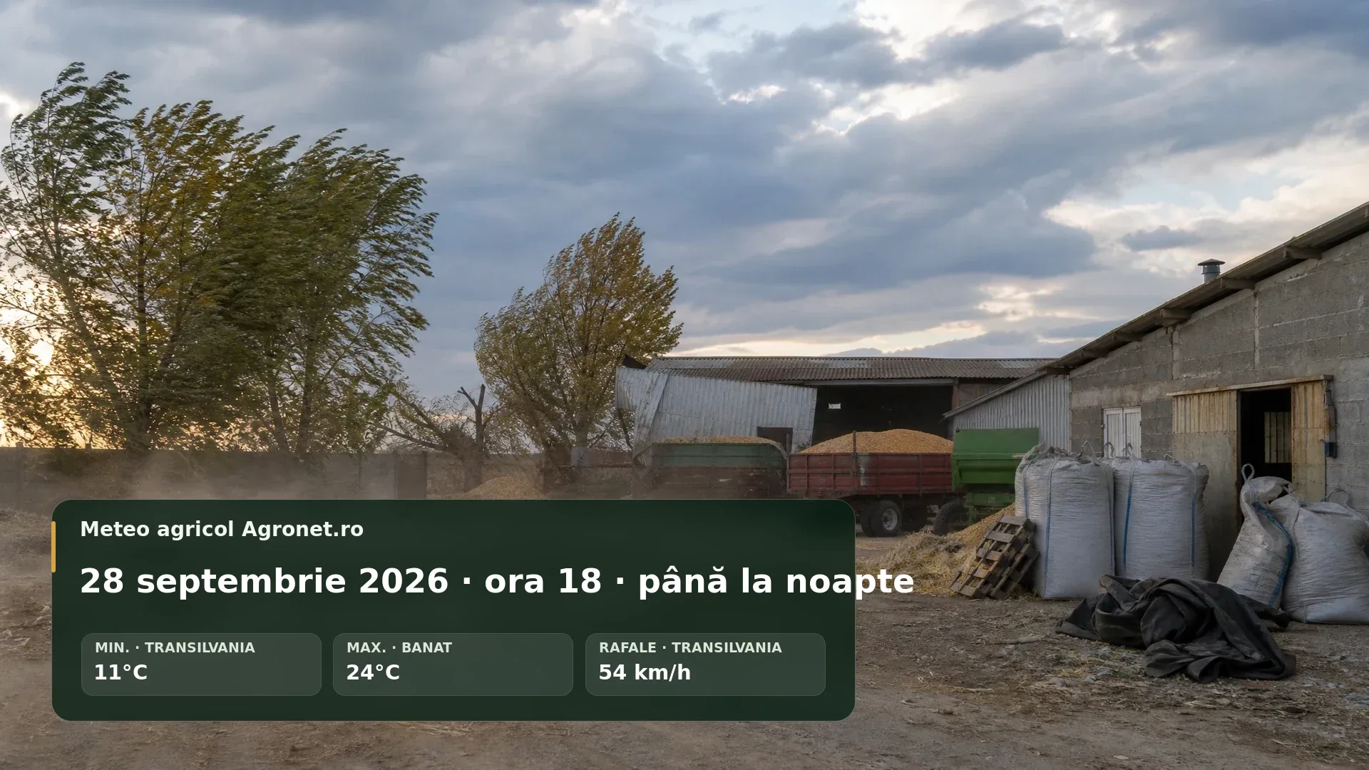 Utilaj agricol într-o parcelă de toamnă, cu vânt puternic și cer noros