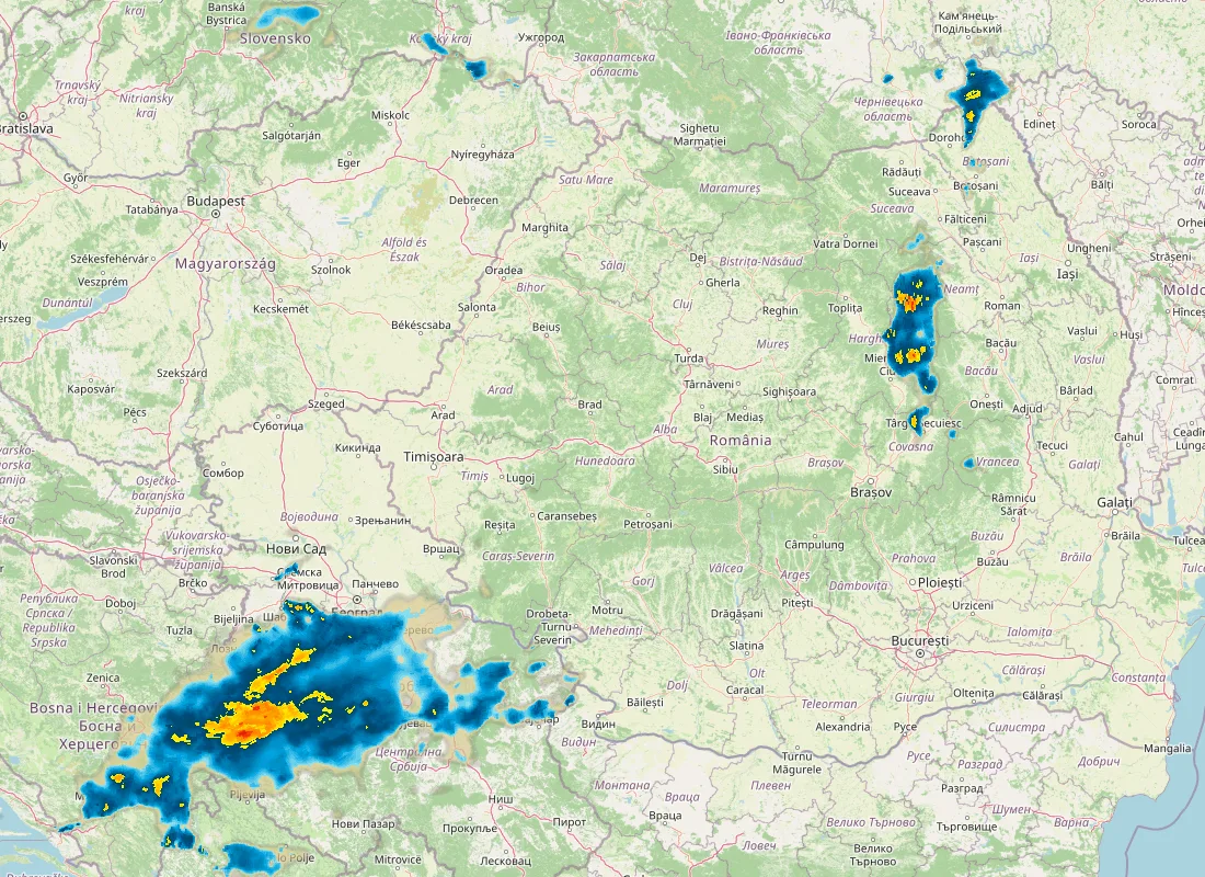 Hartă radar RainViewer cu precipitațiile din România pentru buletinul Meteo agricol România de la ora 05:00.