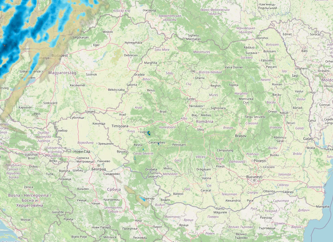 Hartă radar RainViewer cu precipitațiile din România pentru buletinul Meteo agricol România de la ora 18:00.