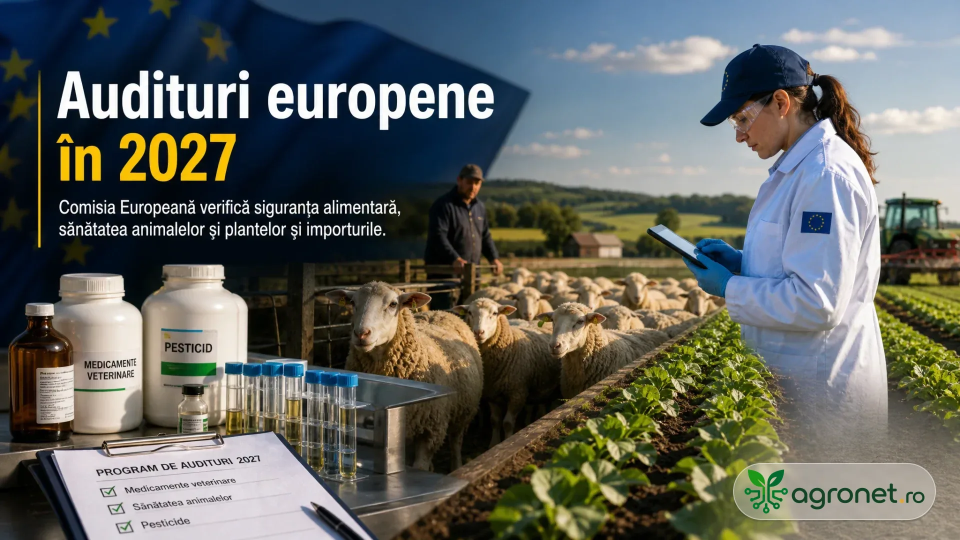 Inspector cu tabletă lângă o turmă de oi, rânduri de plante cultivate și recipiente pentru produse veterinare și pesticide, pe fundal cu steagul UE.