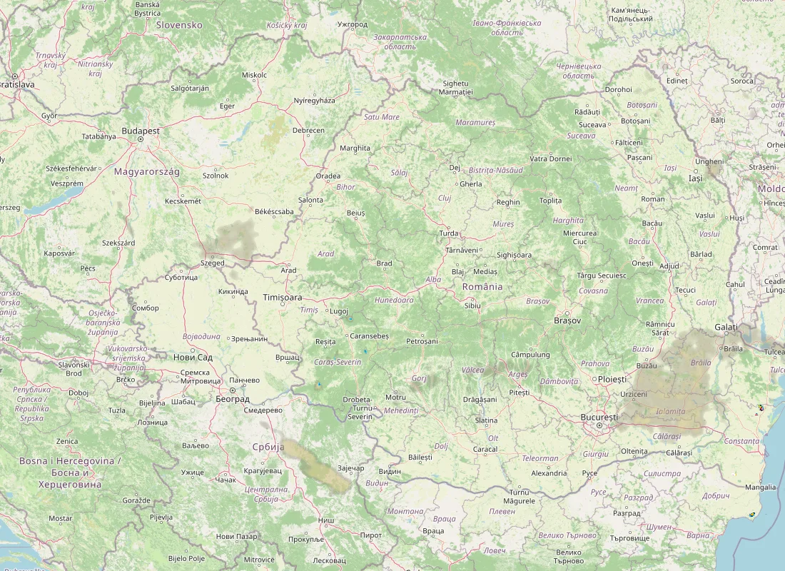 Hartă radar RainViewer cu precipitațiile din România pentru buletinul Meteo agricol România de la ora 21:00.