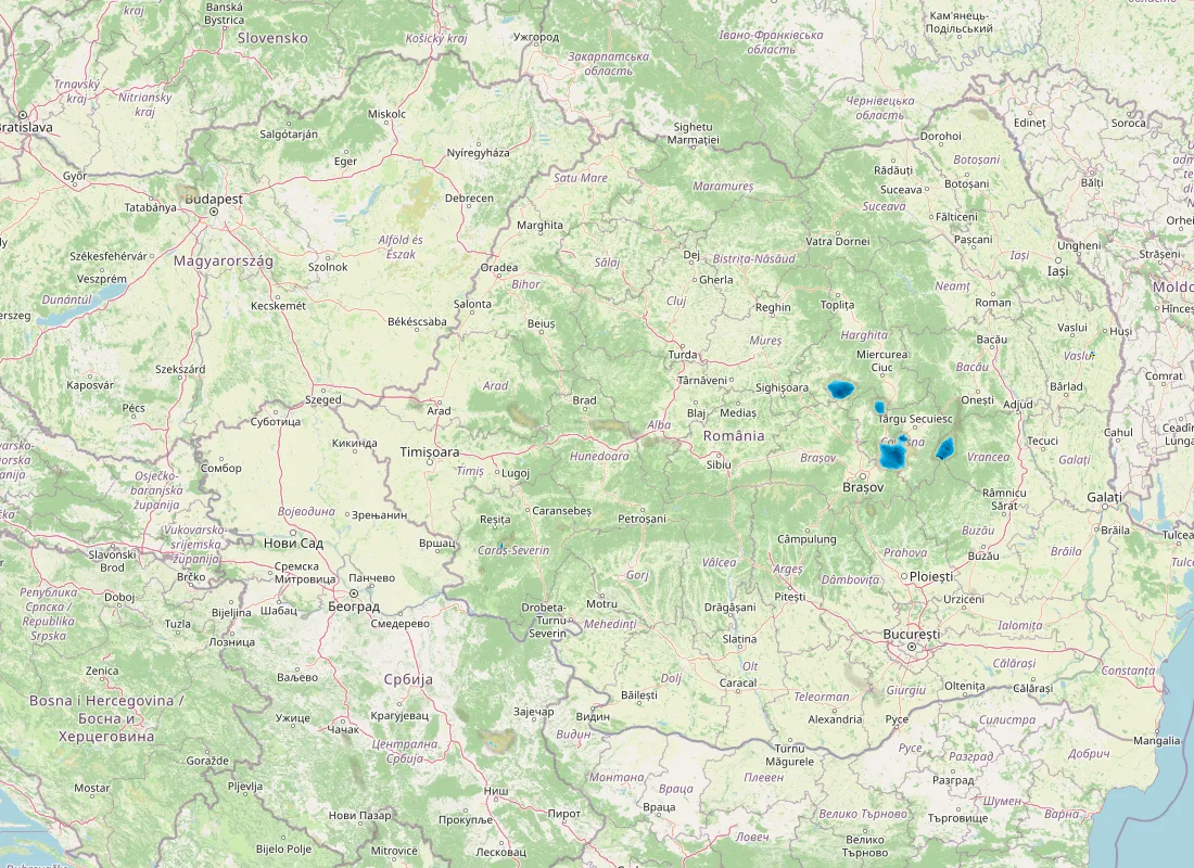 Hartă radar RainViewer cu precipitațiile din România pentru buletinul Meteo agricol România de la ora 12:00.