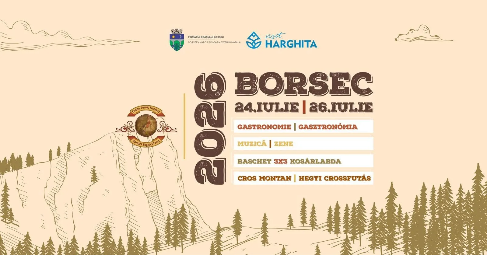 Afiș pentru Borsec 2026, cu gastronomie, muzică, baschet și cros montan