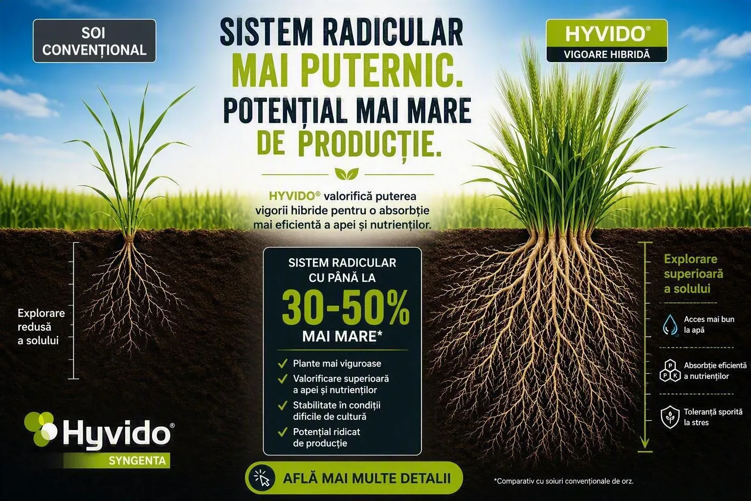 Infografic comparativ între orz convențional și HYVIDO, cu sisteme radiculare ilustrate