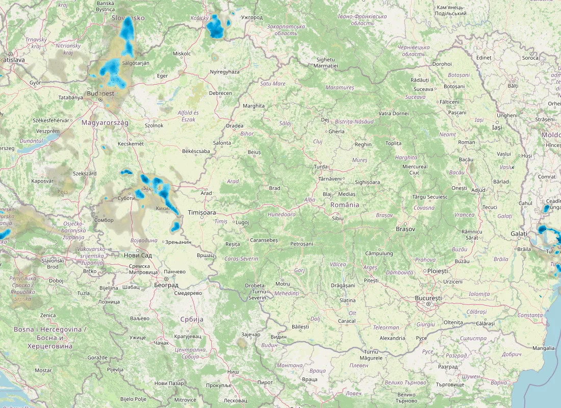 Hartă radar RainViewer cu precipitațiile din România pentru buletinul Meteo agricol România de la ora 12:00.