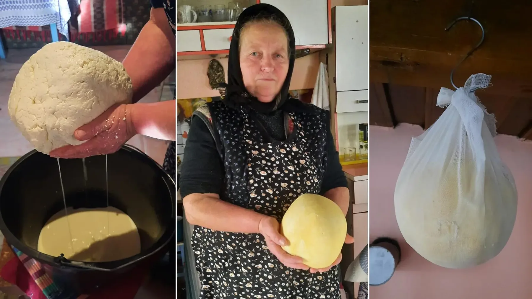 Prepararea brânzei frământate, de la caș în mână la săculeț atârnat