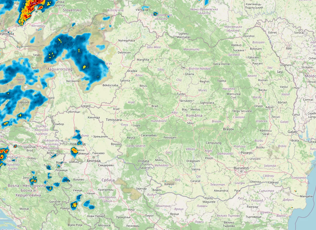 Hartă radar RainViewer cu precipitațiile din România pentru buletinul Meteo agricol România de la ora 21:00.