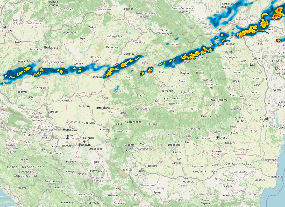 Hartă radar RainViewer cu precipitațiile din România pentru buletinul Meteo agricol România de la ora 18:00.