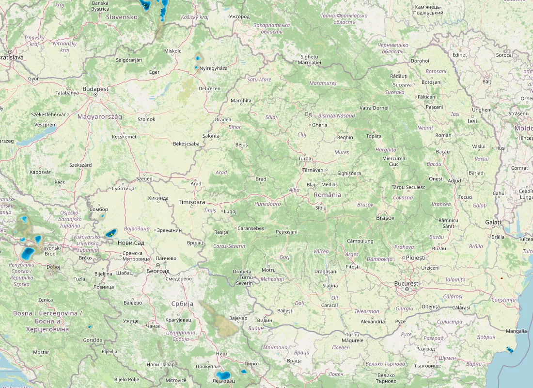 Hartă radar RainViewer cu precipitațiile din România pentru buletinul Meteo agricol România de la ora 18:00.