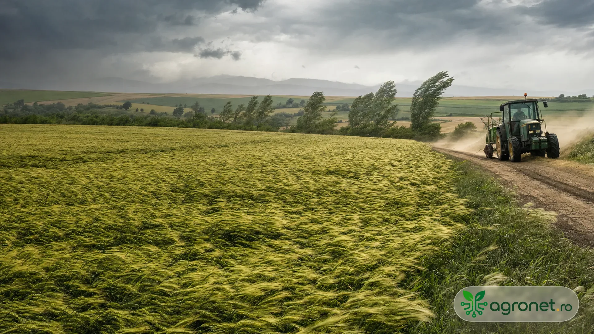 Lucrări agricole într-un câmp în condiții de căldură și vânt puternic.