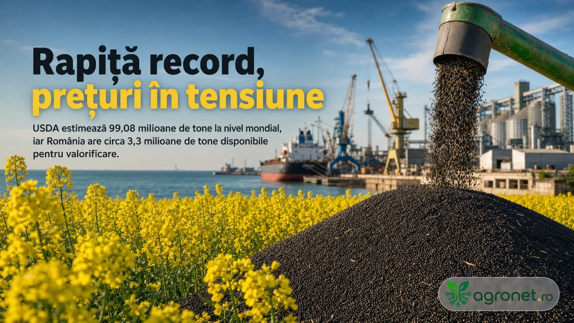 Câmp de rapiță înflorit, semințe negre descărcate într-o grămadă și terminal portuar cu navă și macarale în fundal.