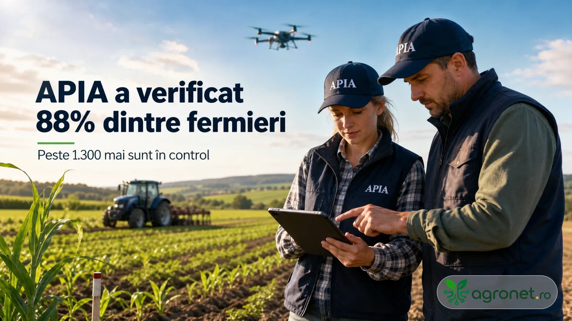 Doi inspectori APIA consultă o tabletă la marginea unui câmp, cu tractor și dronă în fundal.