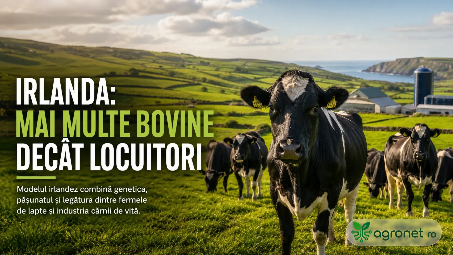 Bovine negre cu alb pasc pe o pajiște verde, cu ferme, dealuri și mare în fundal.