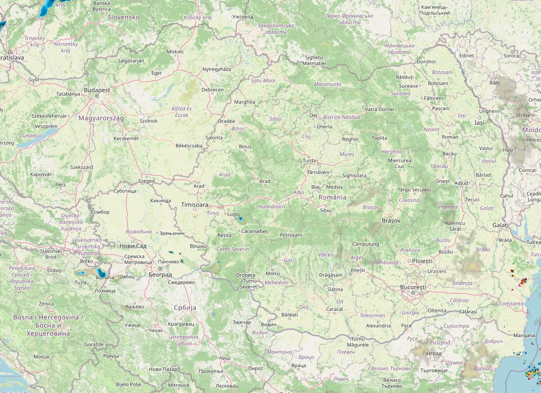Hartă radar RainViewer cu precipitațiile din România pentru buletinul Meteo agricol România de la ora 05:00.