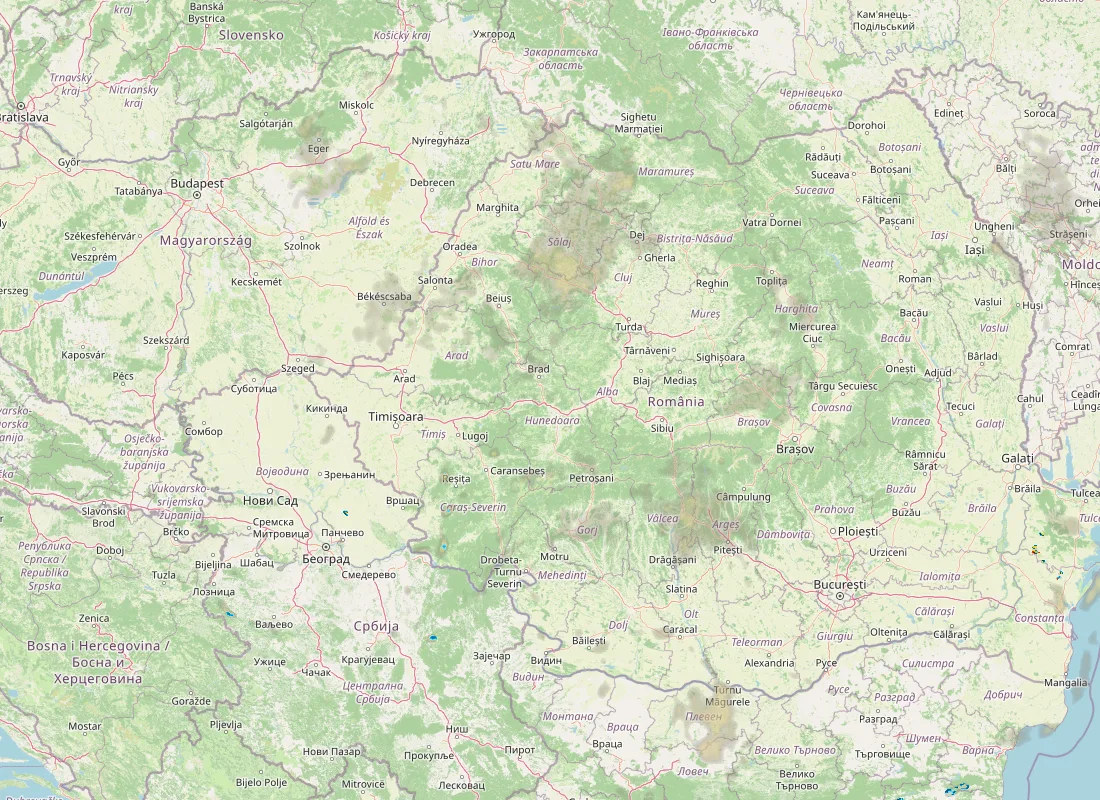Hartă radar RainViewer cu precipitațiile din România pentru buletinul Meteo agricol România de la ora 05:00.