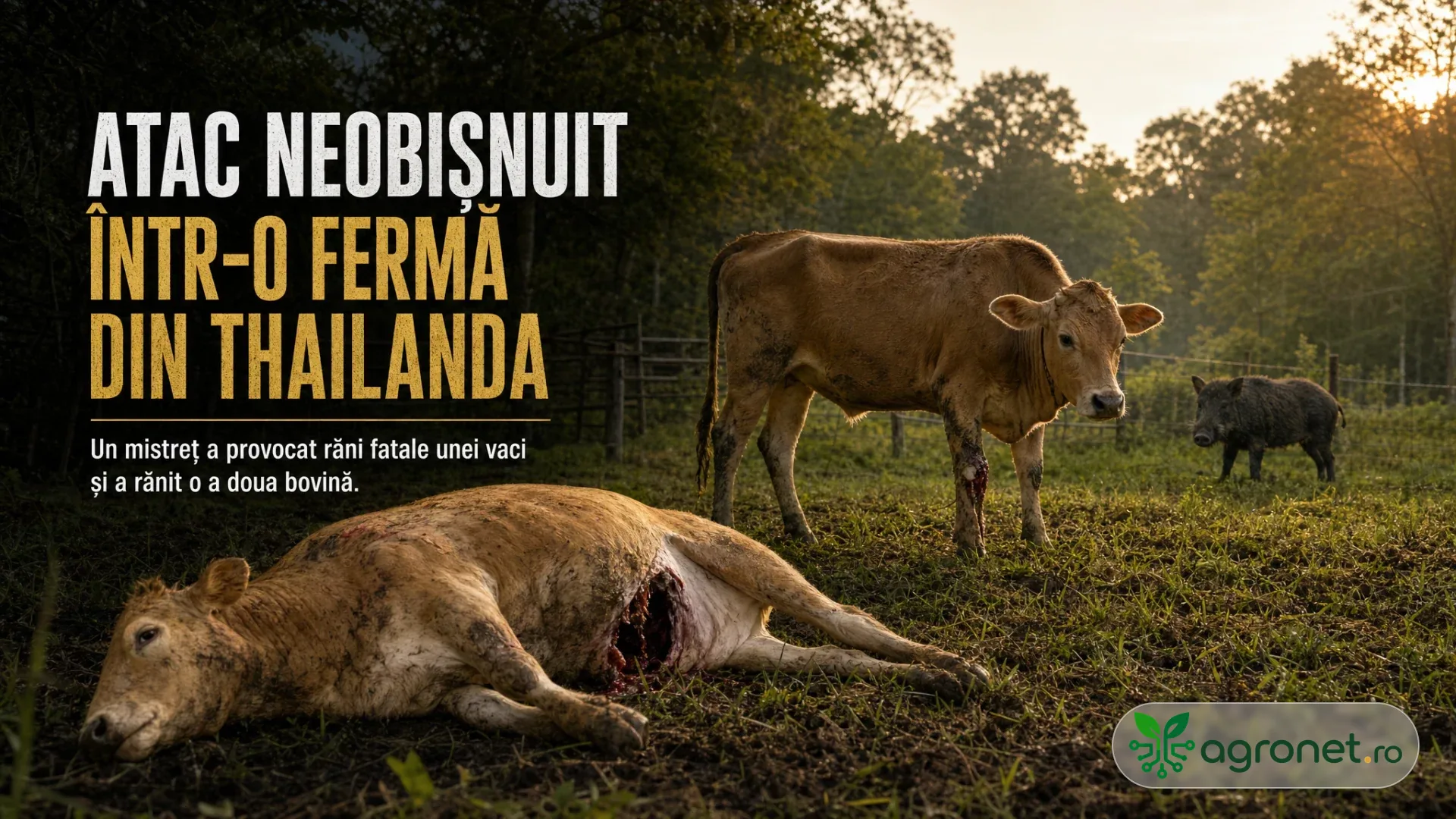 Două bovine rănite pe o pășune lângă o zonă împădurită, cu un mistreț în apropiere.