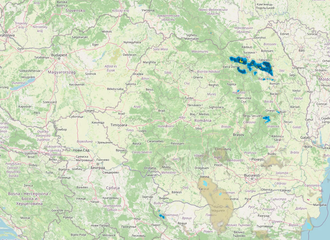 Hartă radar RainViewer cu precipitațiile din România pentru buletinul Meteo agricol România de la ora 21:00.