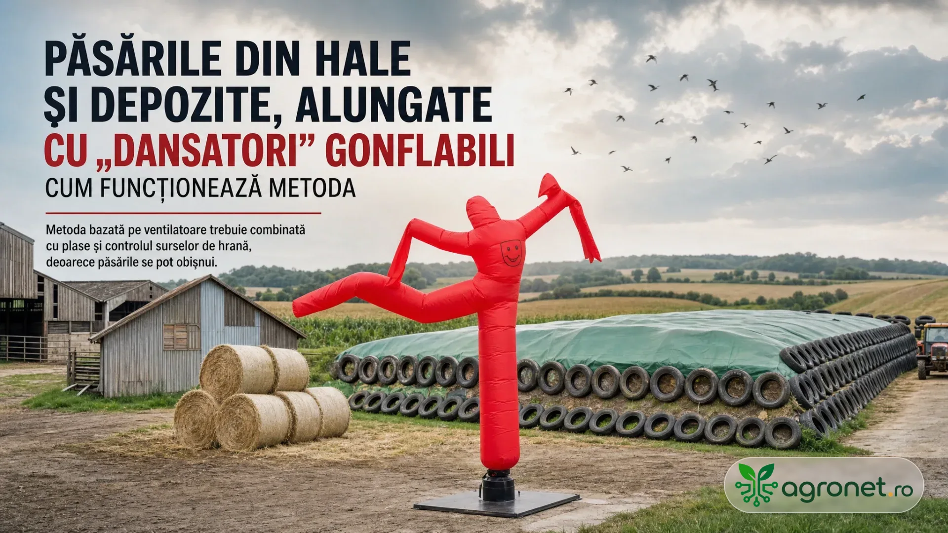 Figurină gonflabilă roșie amplasată lângă baloți, hale agricole și un siloz acoperit, cu păsări pe cer.