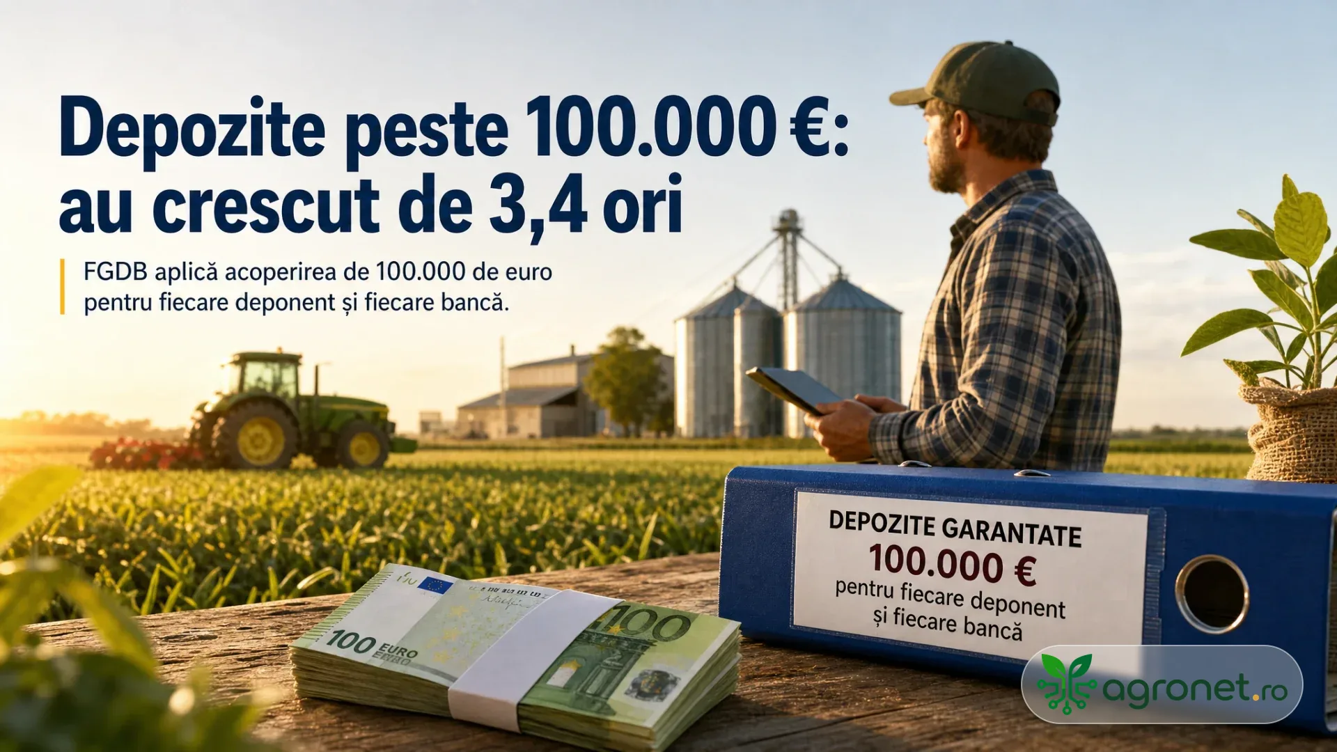 Bărbat cu tabletă lângă un câmp, cu tractor, silozuri, bancnote euro și un dosar pe o masă.