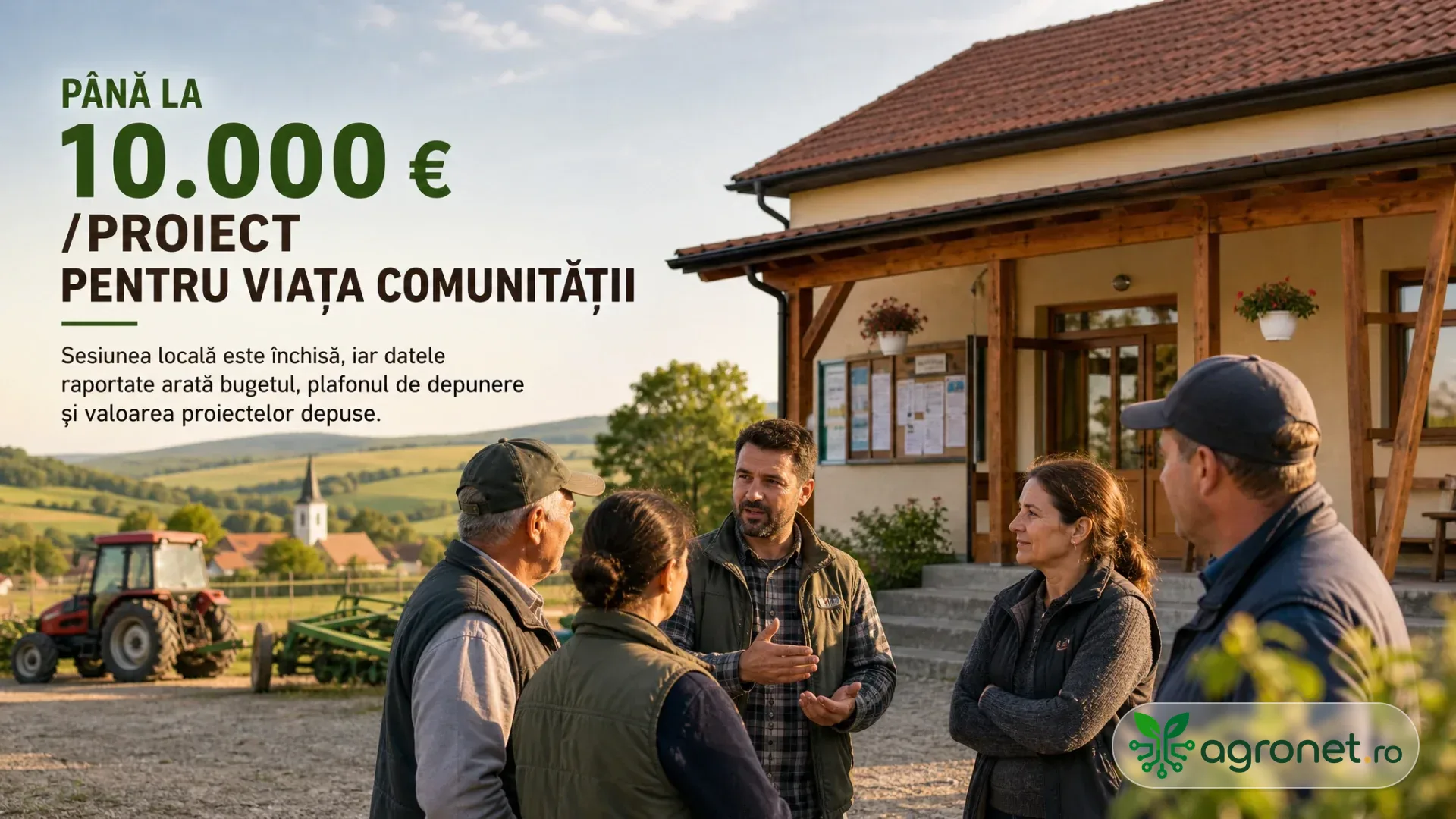 Persoane discutând despre un proiect comunitar într-o localitate rurală