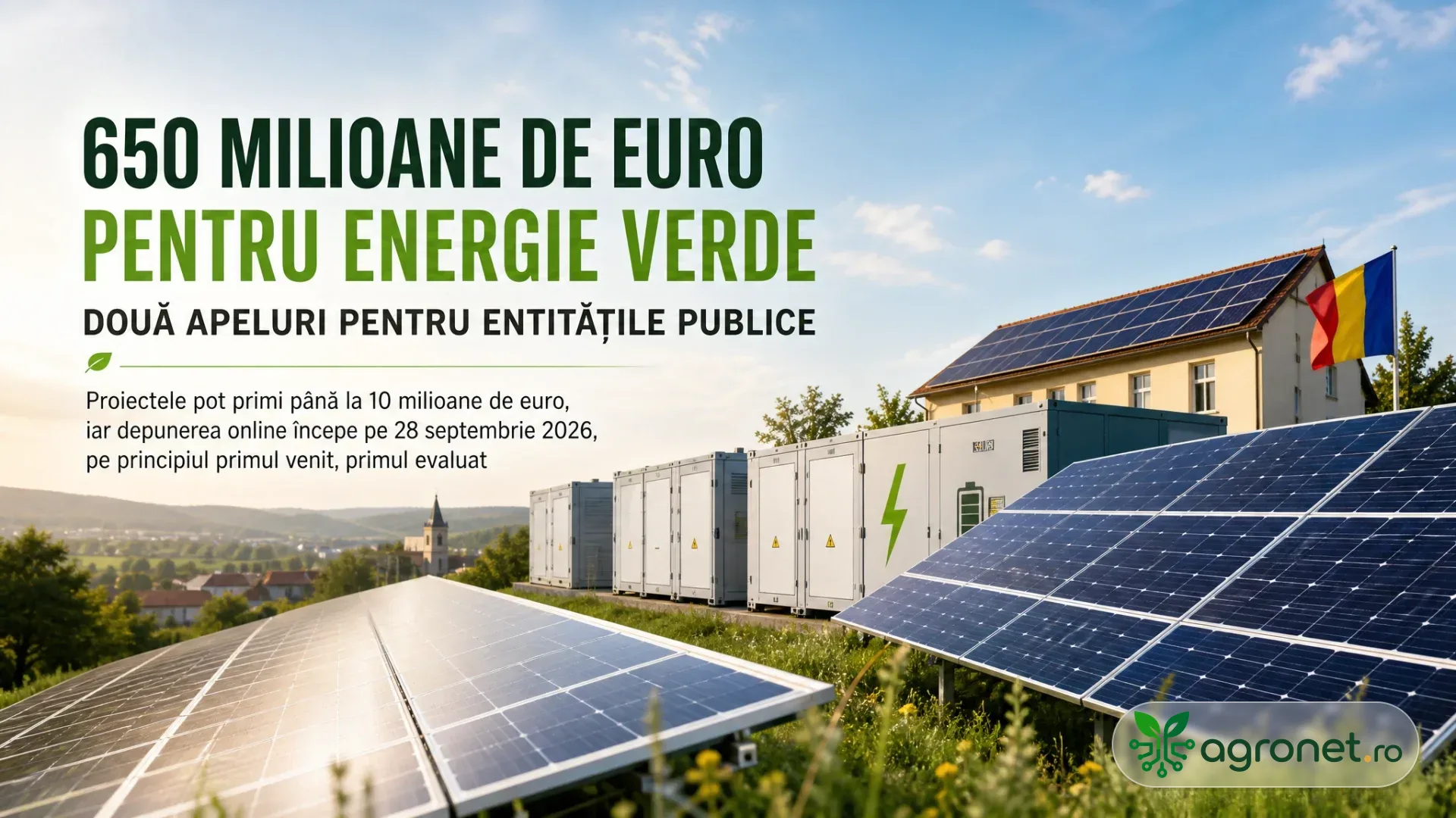 Panouri fotovoltaice lângă containere de stocare a energiei și o clădire cu steaguri, într-un peisaj rural.